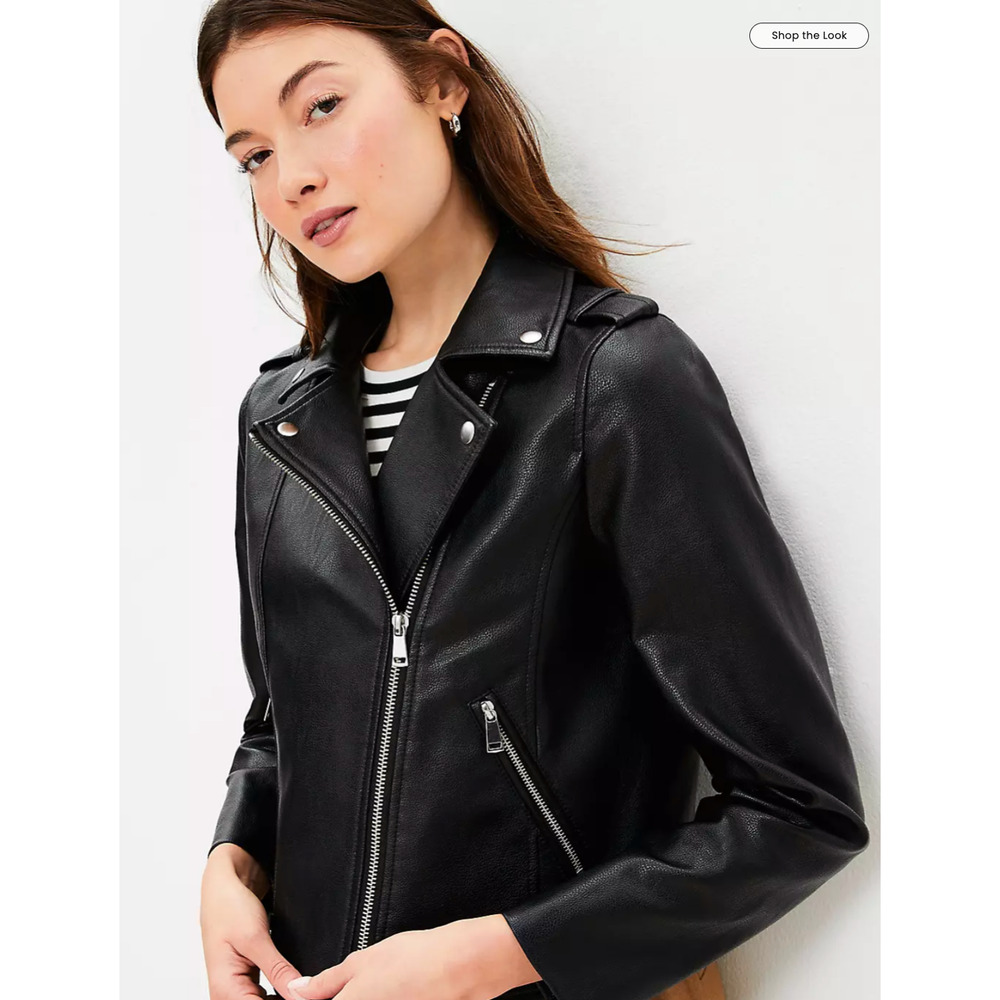 NEW ANN TAYLOR LOFT BLACK PEBBLED FAUX LEATHER MOTO JACKET COAT SZ XL - Picture 2 of 7